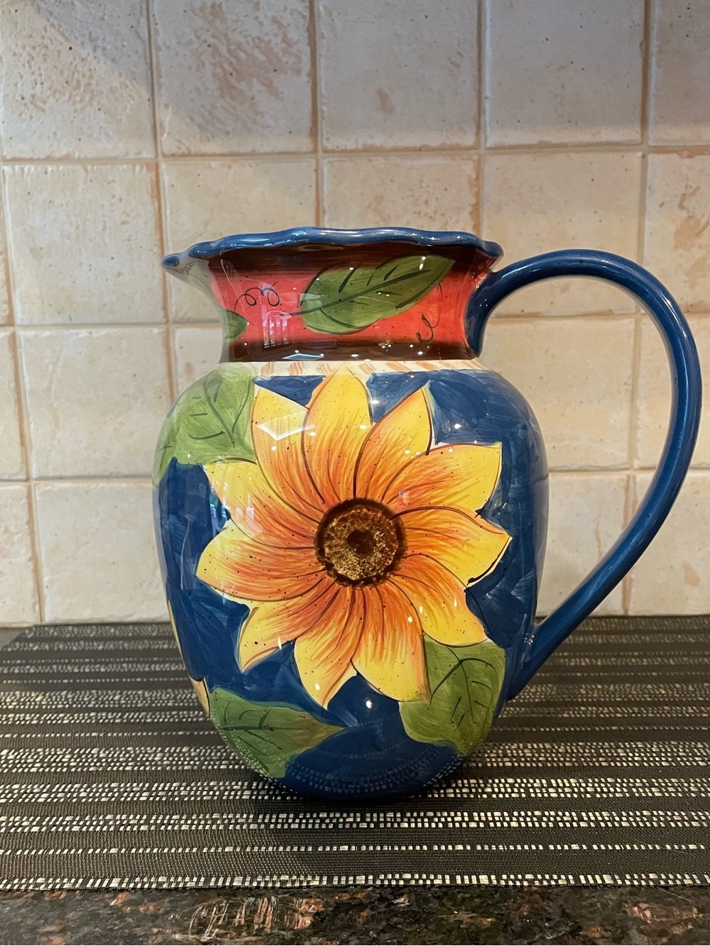 Jay Import Co. Vintage Stoneware Sunflower Pitcher, Cobalt Blue, Large Capacity